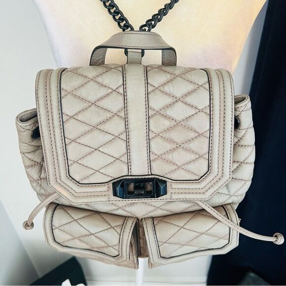 REBECCA MINKOFF QUILTED LOVE LEATHER BACKPACK PURSE,‎ Tan/Gray, Luxury main image 4